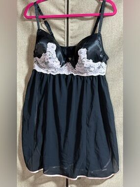 Cacique Black Satin Baby Pink Lace & Trim Babydoll Chemise w/Briefs 18/20